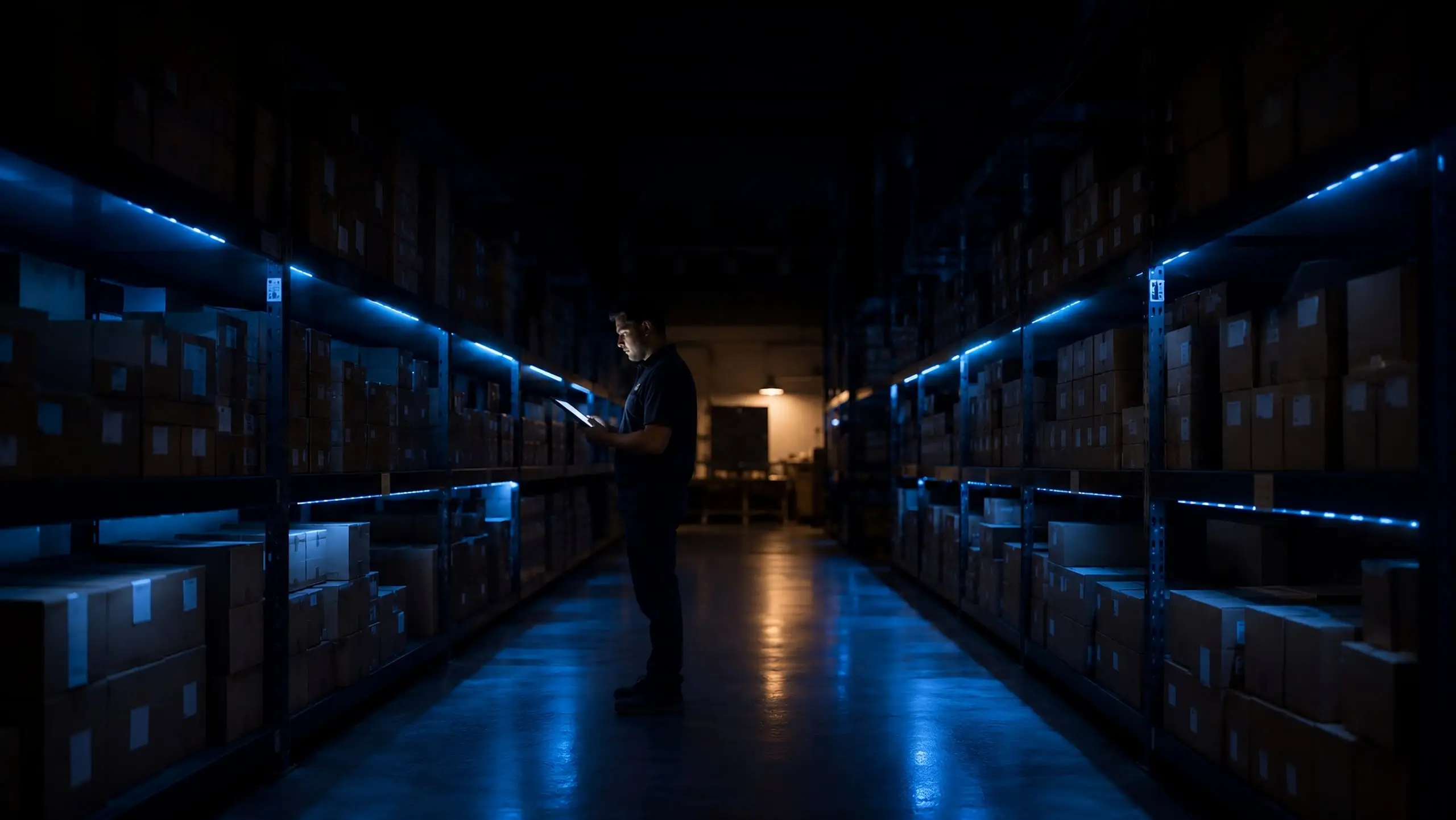Bodega con estanterías perfectamente organizadas y etiquetadas, iluminada por tiras LED, con un operario haciendo conteo con una tablet